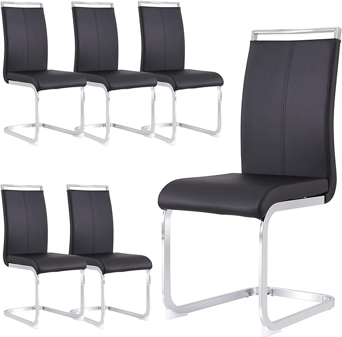 Dining Chairs Set, Kitchen Modern Metal Chairs with Faux Leather Padded Seat High Back and Sturdy Chrome Legs, Chairs for Dining Room (Black, Set of 6) - LeafyLoom