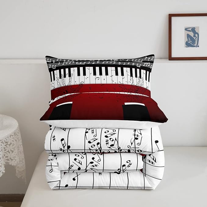Erosebridal Music Notes Comforter Set for Kids Boys Teens Men Piano Keys Down Comforter King Size Rock Musical Bedding Set Play Piano Duvet Sets Music Bedroom Decor with 2 Pillow Cases Red Black - LeafyLoom