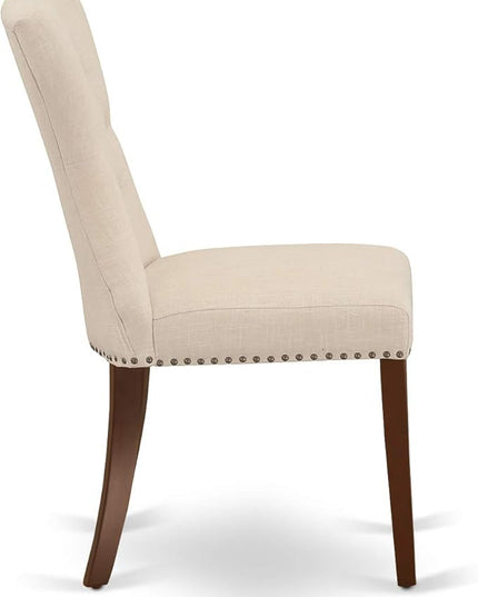 East West Furniture DMGA5-MAH-32 5 Piece Dining Set Includes a Round Dining Room Table with Dropleaf and 4 Light Beige Linen Fabric Upholstered Parson Chairs, 42x42 Inch, Mahogany - LeafyLoom