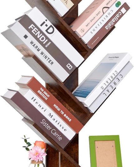 Tree Bookshelf 6 layers with drawers Retro Book Holder Rustic Brown Wooden Floor Standing Bookshelf for Living Room,Bedroom,Home Office Modern Bookcase - LeafyLoom