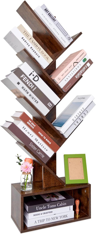 Tree Bookshelf 6 layers with drawers Retro Book Holder Rustic Brown Wooden Floor Standing Bookshelf for Living Room,Bedroom,Home Office Modern Bookcase - LeafyLoom