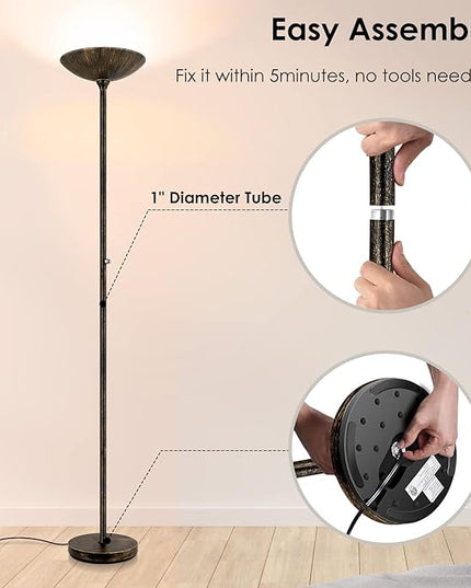 BoostArea Torchiere Floor Lamp Antique Bronze, 24W Super Bright LED Standing Lamp, 3000K Dimmable Pole Lamp with Rotary Switch, 70 Inch Tall Metal Modern Floor Lamps for Living Room/Bedroom/Office/Den - LeafyLoom
