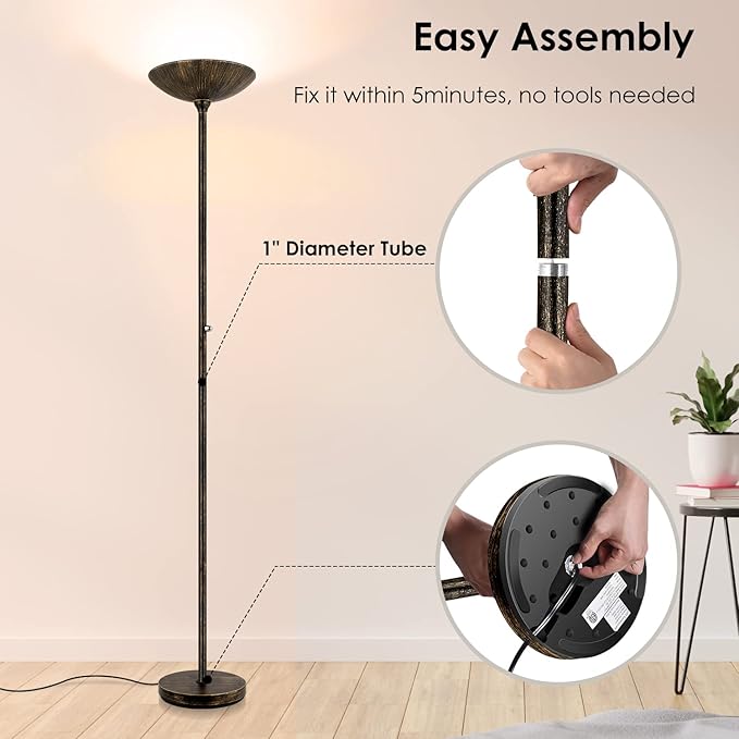 BoostArea Torchiere Floor Lamp Antique Bronze, 24W Super Bright LED Standing Lamp, 3000K Dimmable Pole Lamp with Rotary Switch, 70 Inch Tall Metal Modern Floor Lamps for Living Room/Bedroom/Office/Den - LeafyLoom