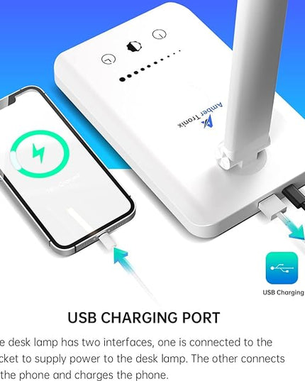 Ambertronix LED Desk Lamp with USB Charging Port, Dimmable Eye-Caring Reading Desk Light for Home, with 5 Brightness Level & 3 Lighting Modes, Touch Control, Auto Timer (White) - LeafyLoom