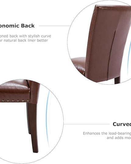 COLAMY Upholstered Parsons Dining Chairs Set of 2, PU Leather Dining Room Kitchen Side Chair with Nailhead Trim and Wood Legs - Light Brown - LeafyLoom