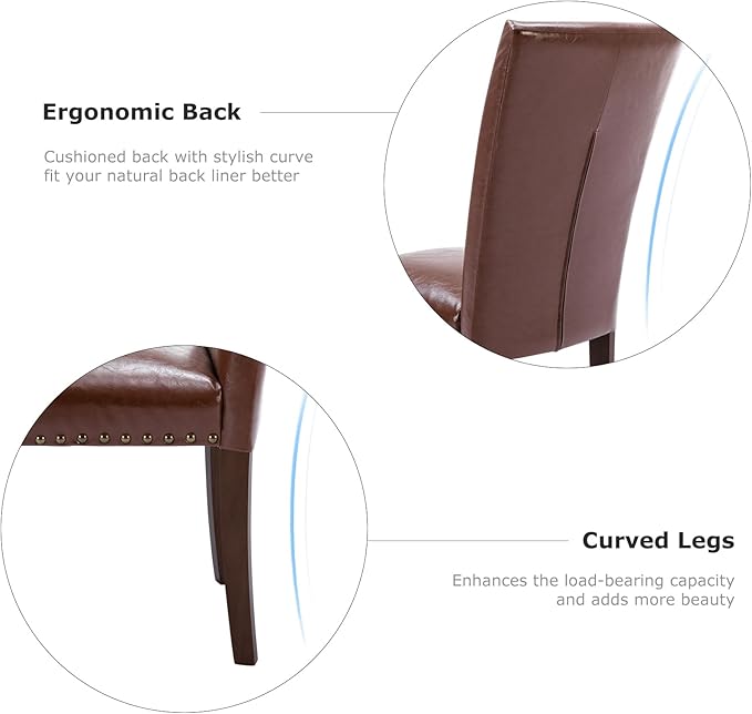 COLAMY Upholstered Parsons Dining Chairs Set of 2, PU Leather Dining Room Kitchen Side Chair with Nailhead Trim and Wood Legs - Light Brown - LeafyLoom