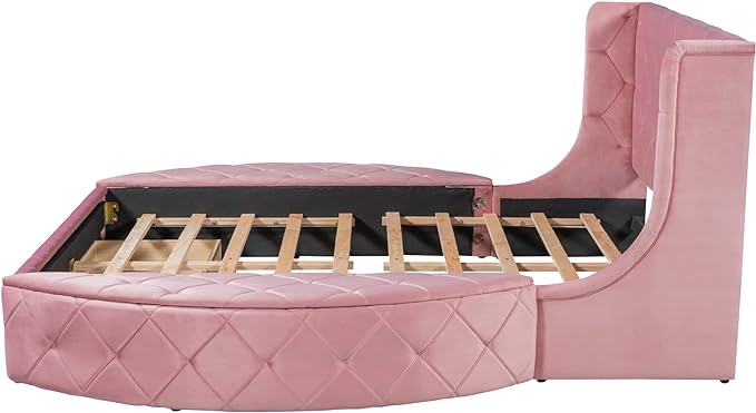 Queen Size Velvet Upholstered Platform Bed with Wingback Headboard, Spacious Drawer, and Convenient Side Storage Stools, Comfort Platform Bed Frame for Home Bedroom, Pink - LeafyLoom