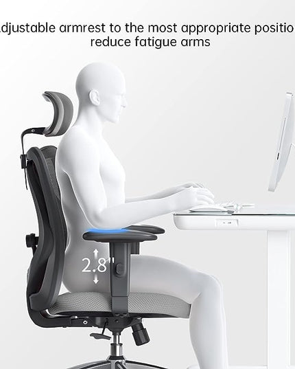 SIHOO M18 Ergonomic Office Chair for Big and Tall People Adjustable Headrest with 2D Armrest Lumbar Support and PU Wheels Swivel Tilt Function Grey - LeafyLoom