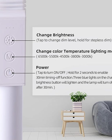 LED Floor Lamp,15W 1200 Lumen Bright Reading Floor Lamp with 5 Color Temperatures,Stepless Dimmer,30 Mins Timer,Remote & Touch Control for Living Room,Bedroom & Office,White - LeafyLoom