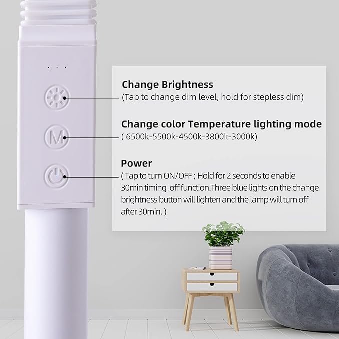 LED Floor Lamp,15W 1200 Lumen Bright Reading Floor Lamp with 5 Color Temperatures,Stepless Dimmer,30 Mins Timer,Remote & Touch Control for Living Room,Bedroom & Office,White - LeafyLoom