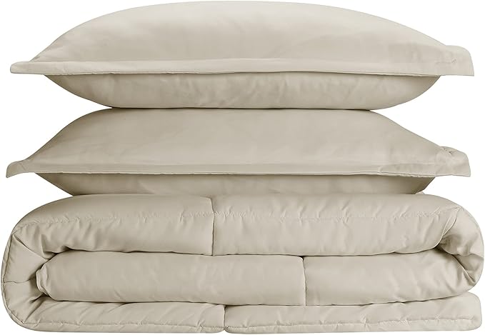 SERTA Simply Clean Ultra Soft Hypoallergenic Solid 3 Piece Comforter Set, King, Khaki - LeafyLoom