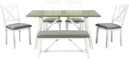 Rustic Style Spacious 4 Chair and Multifunctional Bench, Long-Lasting Solid Rubber Wood Room, Kitchen, 6 Piece Dining Table Set, White 18 - LeafyLoom