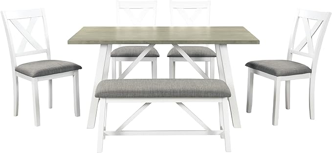 Dining Room Table Set for 6, Wood Kitchen Table Set with 4 Upholstered Chairs & 1 Padded Bench, 6-Piece Rustic Style Dining Table and Chairs for Kitchen, Dining Room, White+Grey - LeafyLoom