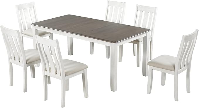 RITSU Vintage Style 7 Piece Dining Table Set Furniture with Retractable Borad 6 Pressed Linen Upholstered Chairs, Wooden Structure, Suitable for Living Room, Kitchen, Brown&White, 70inch - LeafyLoom