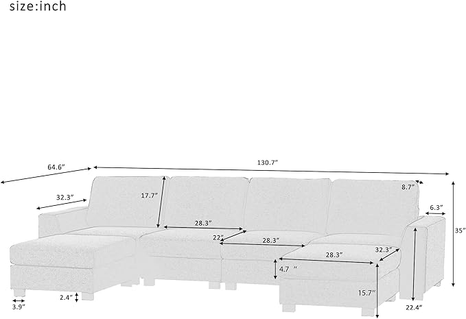 130.7" Large U-Shaped Sectional Sofa w/Removable Ottomans, 3-Pieces Modular Upholstered Couch with Double Chaise Lounge for Living Room Apartment Home Office, Beige, 130.7 Inch - LeafyLoom