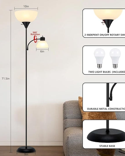 Floor Lamp for Living Room 9W LED Torchiere Floor Lamp with 9W Adjustable Reading Lamp Black 72" Tall Floor Lamps for Bedroom Office Two Independent Rotary switches Including 2 Light Bulbs. - LeafyLoom