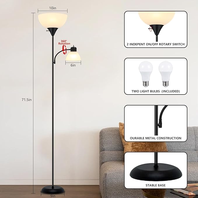 Floor Lamp for Living Room 9W LED Torchiere Floor Lamp with 9W Adjustable Reading Lamp Black 72" Tall Floor Lamps for Bedroom Office Two Independent Rotary switches Including 2 Light Bulbs. - LeafyLoom