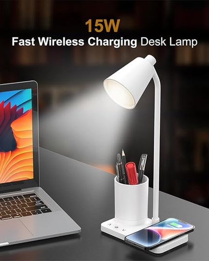 Desk Lamps for Home Office, LED Desk Lamp with Wireless Charger, 15W Fast Charging, Table Lamp with Pen Holder, 4 Brightness Levels, Eye-Caring (with AC Adapter) - LeafyLoom