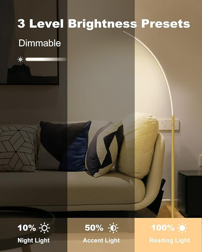 TACAHE Arc Corner Floor Lamp - 3000K Warm White & 3 Brightness Presets - Curved LED Accent Lamp with Touch Switch - 63" Modern Standing Lamp for Bedroom, Living Room - 12W - Gold - LeafyLoom