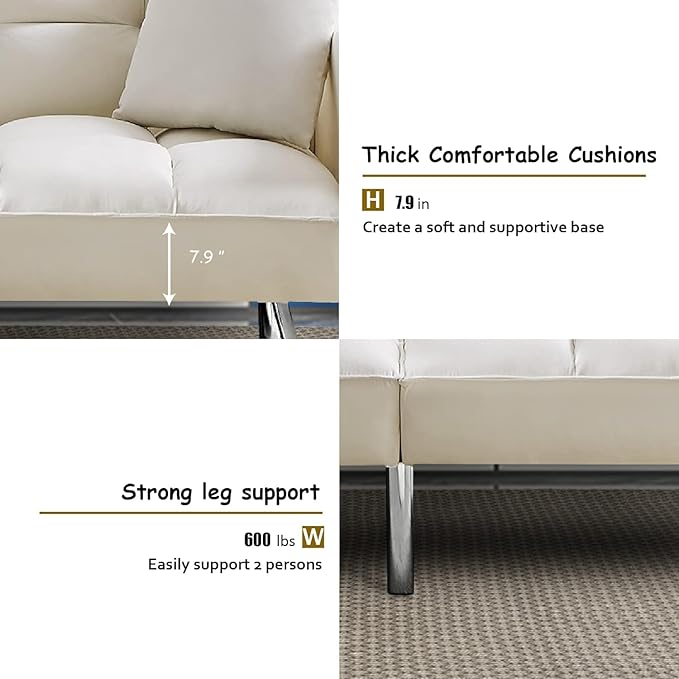Sofa Modern Convertible Folding Lounge Couch Loveseat Daybed Living Room Furniture Sets with 2 Pillows,3 Adjustable Angles Backrest with 6 Metal Legs for Bedroom,Office-White Sofá - LeafyLoom