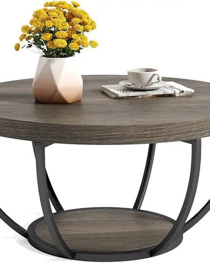 Round Coffee Table, 32" Circle Coffee Table for Living Room, 2-Tier Wood Accent Center Table with Open Storage Industrial Design Home Furniture (Grey and Black) - LeafyLoom