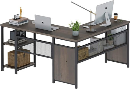 FATORRI L Shaped Computer Desk, Industrial Home Office Desk with Shelves, Reversible Wood and Metal Corner Desk (Walnut Brown, 59 Inch) - LeafyLoom