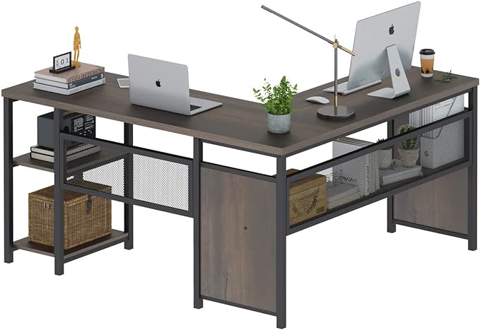 FATORRI L Shaped Computer Desk, Industrial Home Office Desk with Shelves, Reversible Wood and Metal Corner Desk (Walnut Brown, 59 Inch) - LeafyLoom