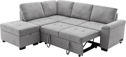Convertible Sleeper Sectional Sofa with Pull Out Bed and Movable Ottoman, L Shaped Reversible Couch with Hidden Arm Storage & USB Charge, 4 Seat Corner Sofa&Couches for Living Room, Gray 87.4" - LeafyLoom