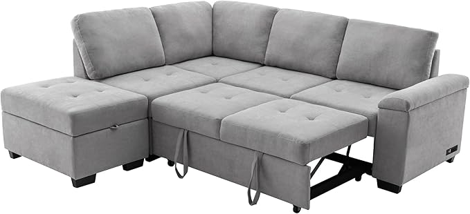 Convertible Sleeper Sectional Sofa with Pull Out Bed and Movable Ottoman, L Shaped Reversible Couch with Hidden Arm Storage & USB Charge, 4 Seat Corner Sofa&Couches for Living Room, Gray 87.4" - LeafyLoom