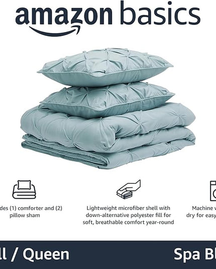 Amazon Basics All-Season Down-Alternative 3 Piece Comforter Bedding Set, Full/Queen, Spa Blue, Pinch Pleat With Piped Edges - LeafyLoom