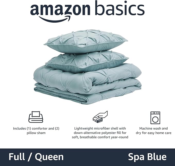 Amazon Basics All-Season Down-Alternative 3 Piece Comforter Bedding Set, Full/Queen, Spa Blue, Pinch Pleat With Piped Edges - LeafyLoom