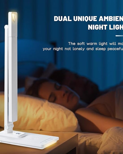 Led Desk Lamp with Wireless Charger, White Desk Lamps for Home Office with Clock, Alarm, Date, Temperature | Desk Light with Night Light, 46 Min Auto Timer | Touch Control Smart Lamp for College, Dorm - LeafyLoom