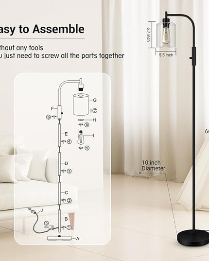 BoostArea Dimmable Floor Lamp, Standing Lamp with Glass Lampshade, 6W LED Bulb Included, Modern Floor Lamp, Industrial Floor Lamp, Bright LED Floor Lamp for Living Room and Bedroom, Office - LeafyLoom
