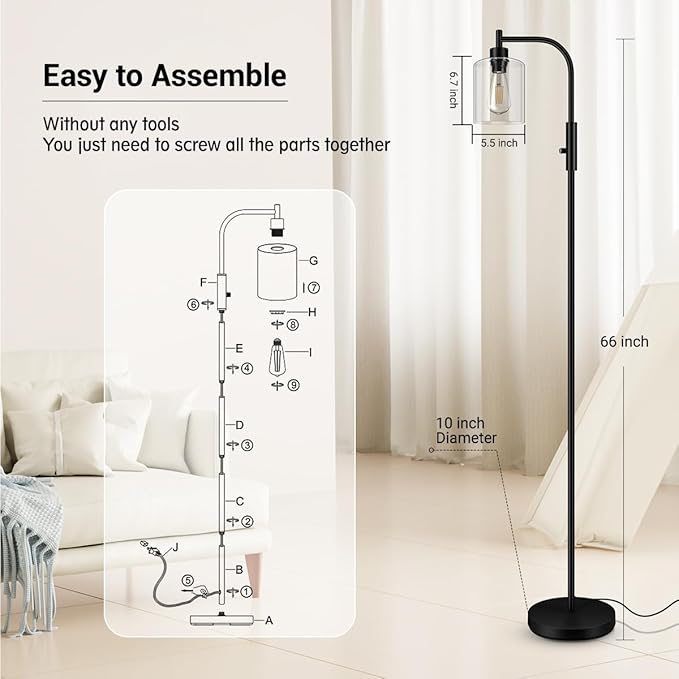 BoostArea Dimmable Floor Lamp, Standing Lamp with Glass Lampshade, 6W LED Bulb Included, Modern Floor Lamp, Industrial Floor Lamp, Bright LED Floor Lamp for Living Room and Bedroom, Office - LeafyLoom