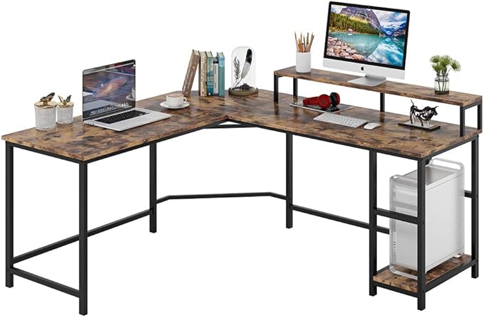 L-Shaped Computer Desk with Monitor Stand and Storage Shelves, Large Corner Desks for Home Office - LeafyLoom