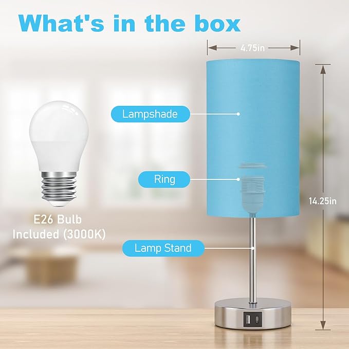 AKASUKI Table Lamp for Bedroom, 3 Way Dimmable Touch Lamp with Dual Charging Station, Small Bedside Lamps for Night Stands, Living Room, Office(LED Bulb Included) - LeafyLoom