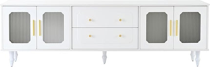 Merax Retro Design TV Stand with Fluted Glass Doors and 2 Drawers and Cabinets for Televisions Up to 78'', Practical Media Console, Elegant Entertainment Center for Living Room, White - LeafyLoom