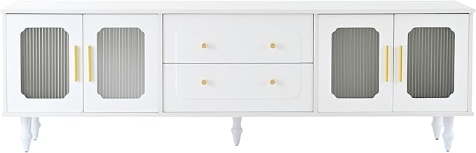 Merax Retro Design TV Stand with Fluted Glass Doors and 2 Drawers and Cabinets for Televisions Up to 78'', Practical Media Console, Elegant Entertainment Center for Living Room, White - LeafyLoom