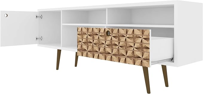 Manhattan Comfort Liberty Mid Century Modern TV Stand for Televisions up to 65 Inches, Bedroom and Living Room Entertainment Center with Storage, Shelves, and Cabinet, 71" Wide, White/3D Brown - LeafyLoom