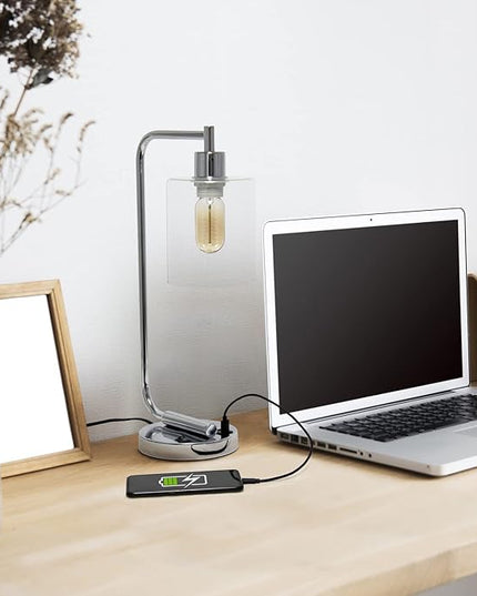 Simple Designs LD1066-CHR Bronson Antique Style Industrial Iron Lantern Desk Bedside Table Lamp with Dual 2 USB Charging Ports and Glass Shade, Chrome - LeafyLoom