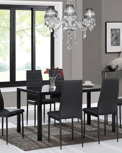 MLM-17429-6-BK-SET 7 Piece Modern Glass Dining Table Set, Elegant Style Anti Dirt-51.2" X 27.6" X 29.5 ", Black - LeafyLoom