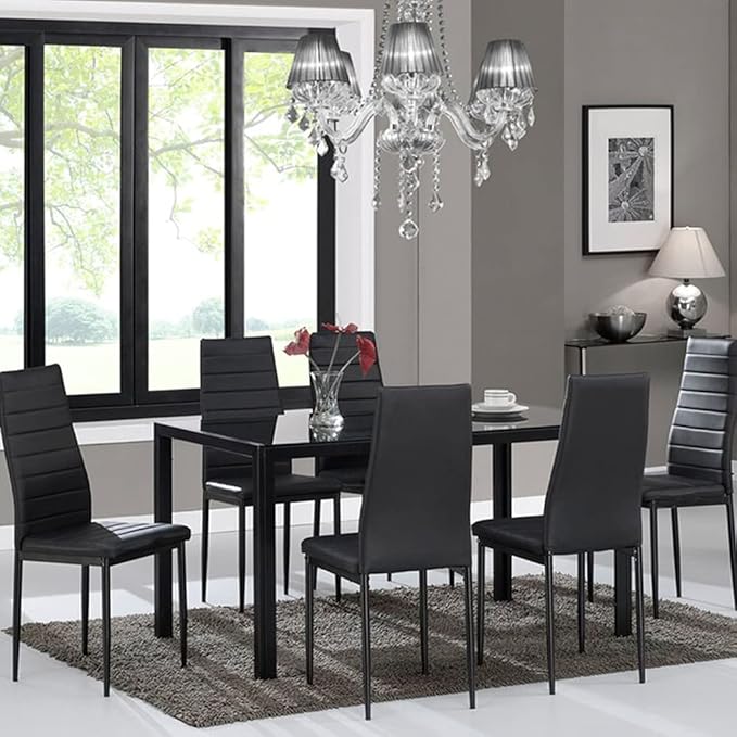 MLM-17429-6-BK-SET 7 Piece Modern Glass Dining Table Set, Elegant Style Anti Dirt-51.2" X 27.6" X 29.5 ", Black - LeafyLoom