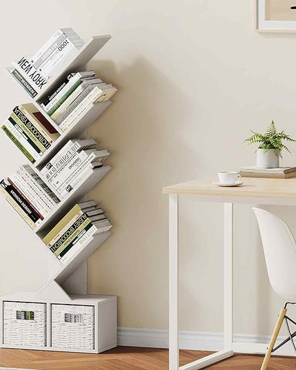 Vagusicc 6 Tier Tree Bookshelf - Modern Shelf Floor Standing Bookcase with Baskets, Tall Wood Book Storage Rack for Books/CDs, Tree Utility Book Organizer Shelves for Living Room, Home Office, Bedroom - LeafyLoom