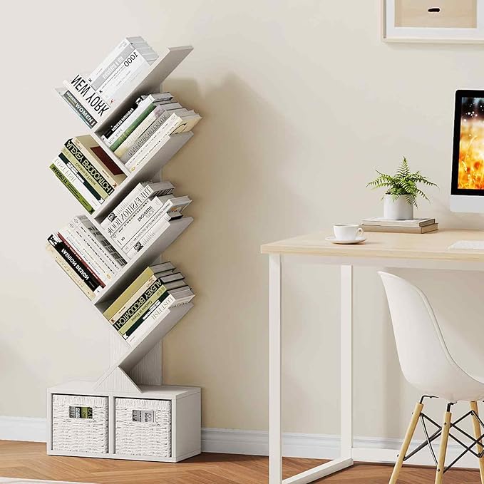 Vagusicc 6 Tier Tree Bookshelf - Modern Shelf Floor Standing Bookcase with Baskets, Tall Wood Book Storage Rack for Books/CDs, Tree Utility Book Organizer Shelves for Living Room, Home Office, Bedroom - LeafyLoom