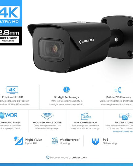 Amcrest UltraHD 4K (8MP) Outdoor Bullet Security IP POE Camera, 98ft NightVision, 2.8mm Lens, IP67 Weatherproof, 256GB MicroSD Recording, Black (IP8M-2496EB-V2) Amcrest