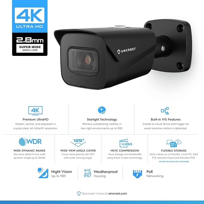 Amcrest UltraHD 4K (8MP) Outdoor Bullet Security IP POE Camera, 98ft NightVision, 2.8mm Lens, IP67 Weatherproof, 256GB MicroSD Recording, Black (IP8M-2496EB-V2) Amcrest
