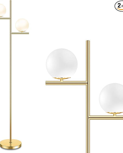 Mid Century Floor Lamp - 2 Globe Modern Standing Lamp with Foot Pedal, Frosted Glass Stand Up Lights for Living Room, Bedroom, Office, Contemporary LED Antique Brass|Gold Tall Pole Light Indoor - LeafyLoom