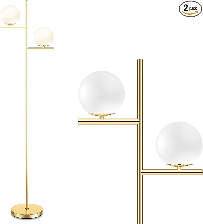 Mid Century Floor Lamp - 2 Globe Modern Standing Lamp with Foot Pedal, Frosted Glass Stand Up Lights for Living Room, Bedroom, Office, Contemporary LED Antique Brass|Gold Tall Pole Light Indoor - LeafyLoom
