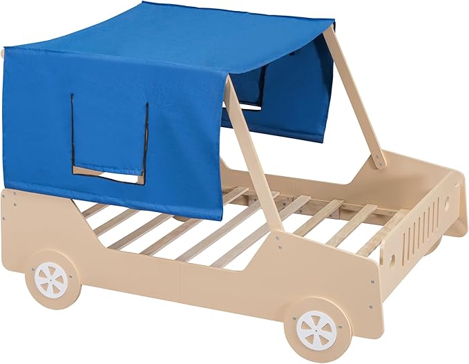 Full Size Kids Car Bed with Tent Canopy & Wheels,Wood Bedframe W/Safty Grille,Raised Base Design,Easy to Assemble,Toddler Boys Car-Shaped Bedroom Beds for Reading Playing Relaxing,Natural - LeafyLoom