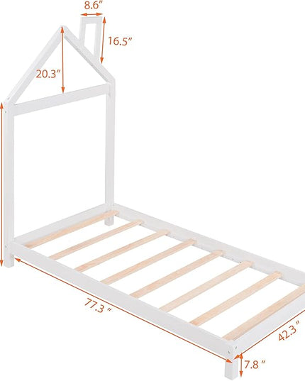 Jintop Twin Size Wood Platform Chimney and House-Shaped Headboard,Bedroom Furniture Bed Frame W/ 10 Slat Support,Easy to Install,for Teens Kids Girls Boys,White - LeafyLoom